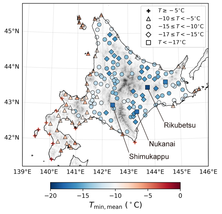Regional distribution of mean daily minimum temperatures in winter