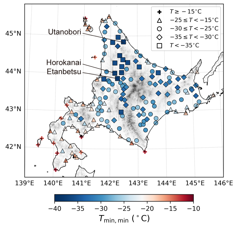 Regional distribution of extrema of daily minimum temperatures